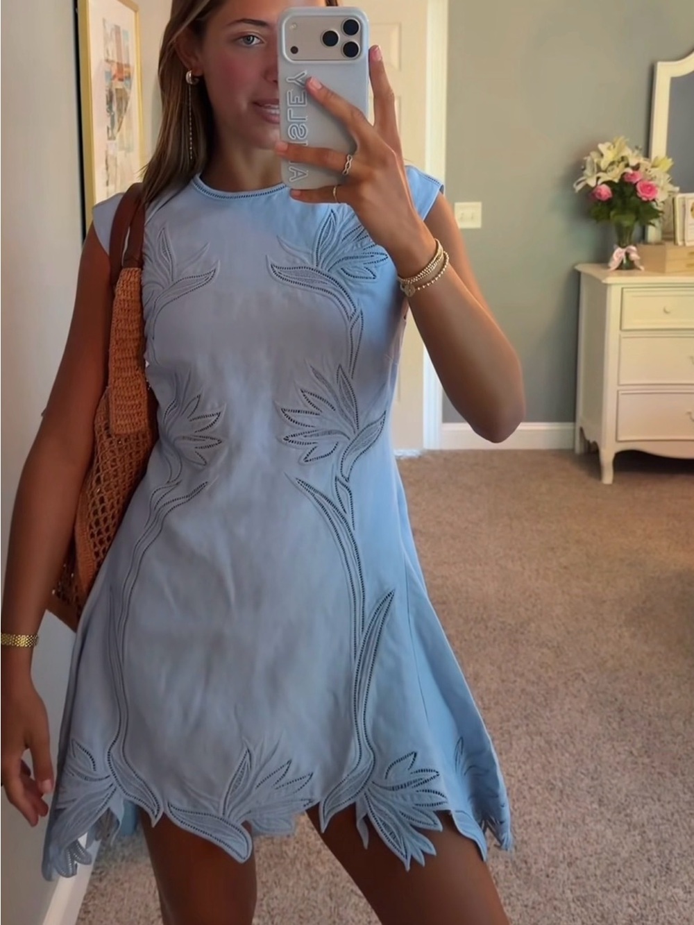SIMKHAI Blue Raquel Embroidered Mini Dress L